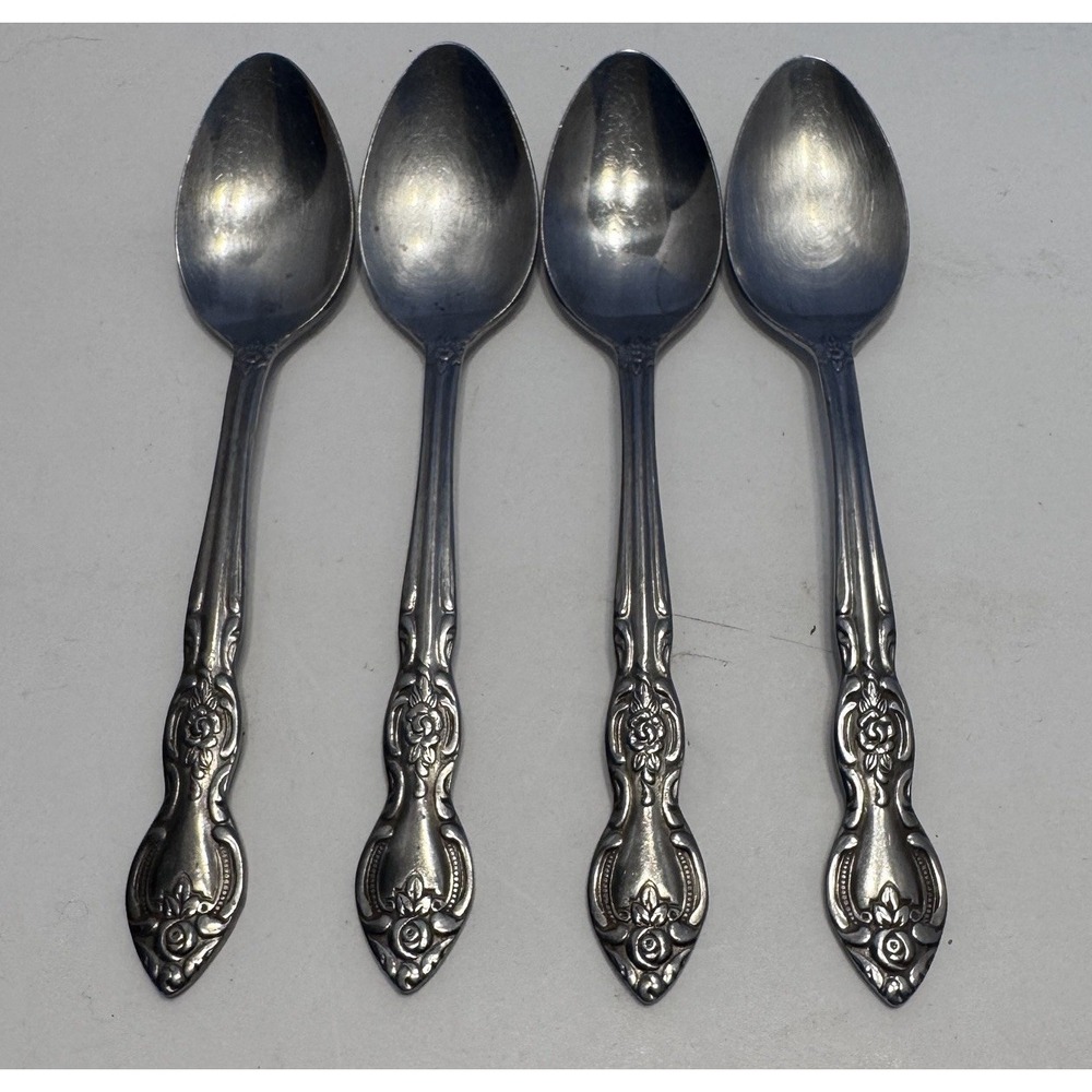 4 Vtg Imperial Stainless Steel Flatware Japan Tea Spoons Floral Rose Flower